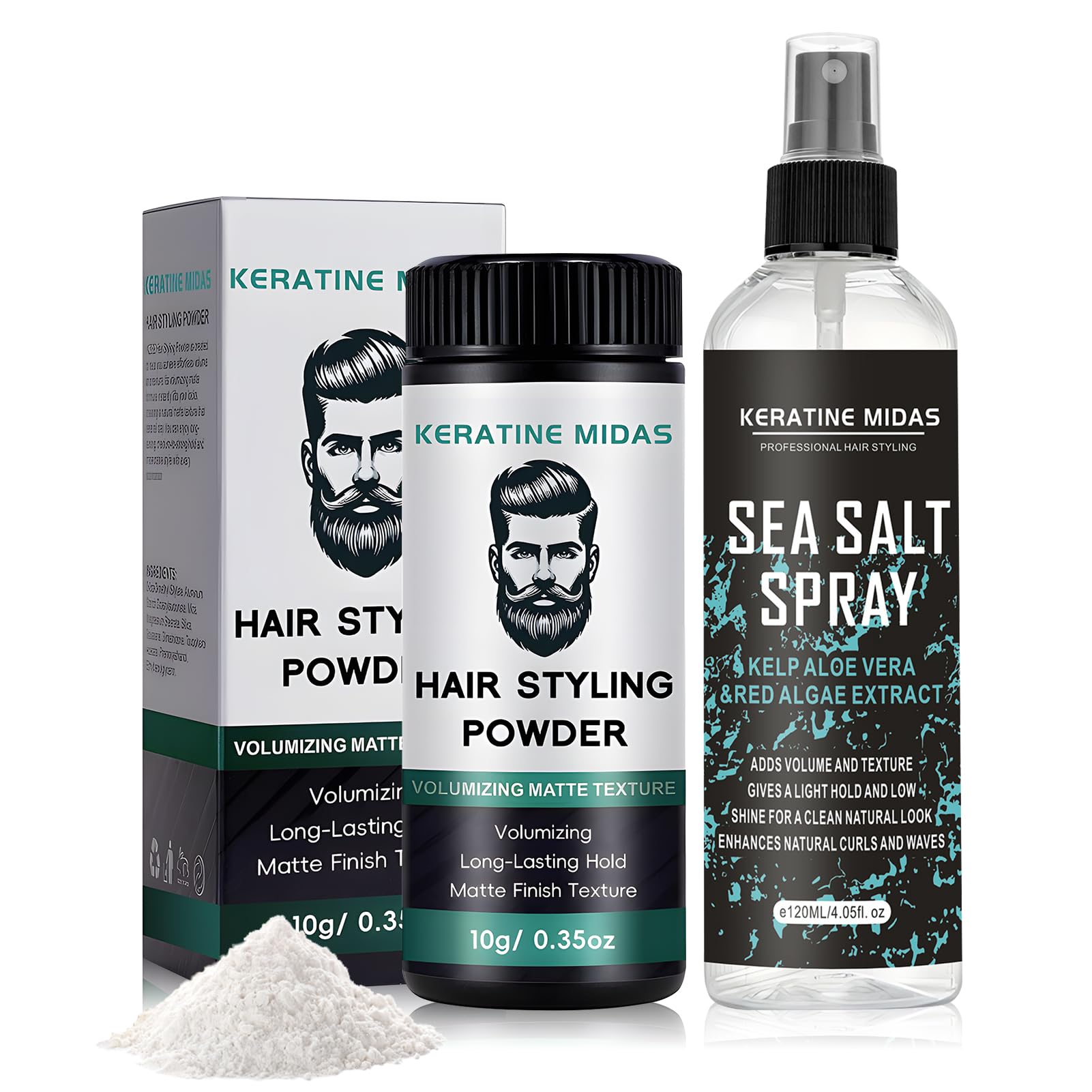 Sea Salt Spray Capelli Uomo, 120ml Spray al Sale Marino per Capelli+10 g Polvere Volumizzante Capelli, Hair Styling Powder, Migliora la Lucentezza e il Volume di Tutti i tipi di Capelli