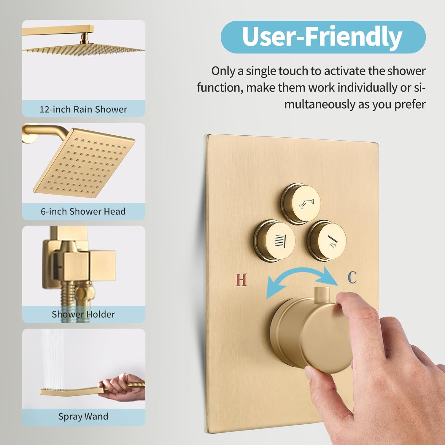 Thermostatic Shower Faucet System Set Brushed Gold,RomceBath Dual 12+ 6" Wall Mount Rainfall Shower Head with Can Use All at Once Push Button 3-Way Modes Valve & Trim Kit & Handheld Sprayer Combo