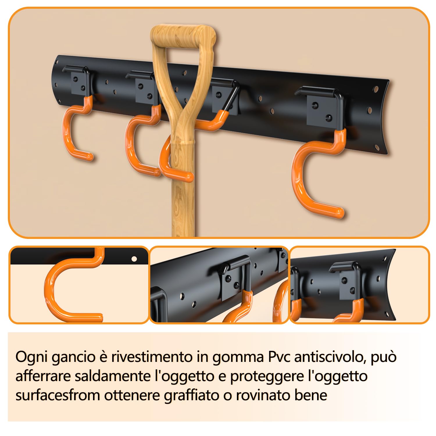 3-H Porta Attrezzi da Giardino 2x42cm, Porta Attrezzi da Parete Regolabile Acciaio Inox, Portascope Parete Impermeabile con 8 Ganci per Zappa, Rastrello, Vanga,Pala,Garage,Giardino(84cm/33.07inch)