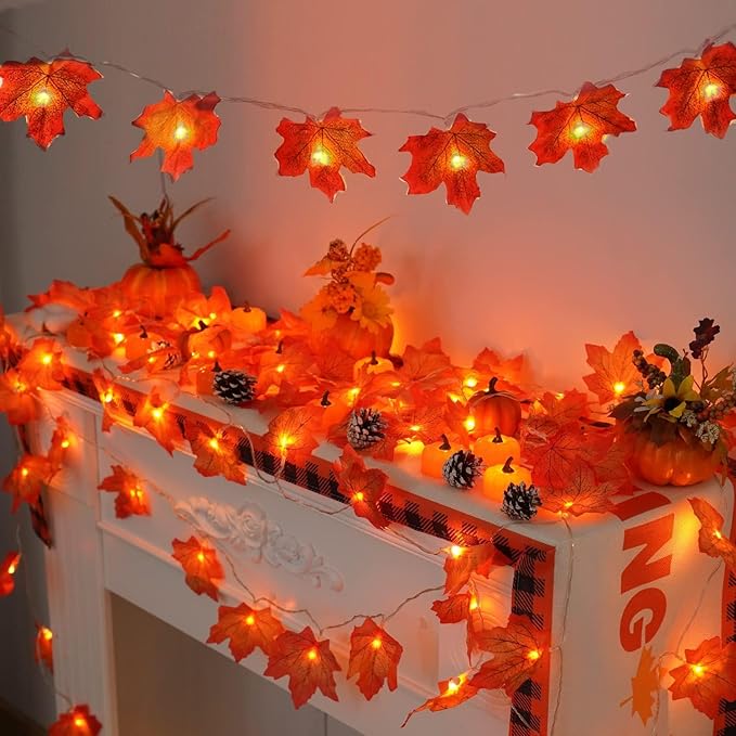 YEGUO 2 Packs Fall Decorations for Home, Thanksgiving Lights Battery Operated, Total 20ft 40 LED Lighted Fall Garland Maple Leaves for Holiday Autumn Harvest Fall Thanksgiving Decor