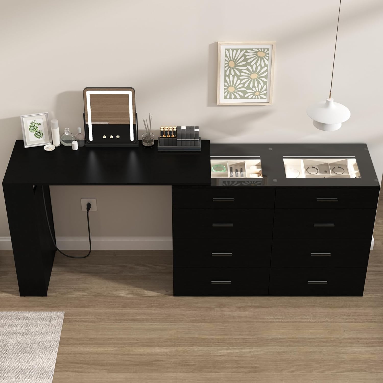 Black Vanity Desk with LED Lights,Makeup Vanity with Glass Top,Makeup Desk with 8 Drawers and 3 Open Storage Shelves,Dressing Table with Power Outlets for Bedroom Room