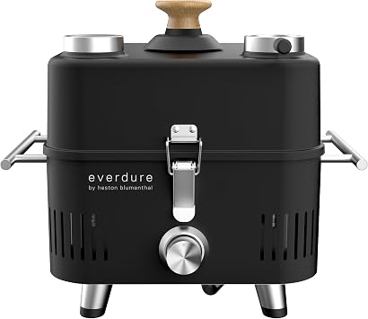 Everdure CUBE Proflame 360 Portable Propane Gas Grill 8,500 BTU, Cast Iron Grate, Stainless Steel Burner, Roasting Hood with Thermometer Compact & Lightweight for Camping, Tailgating, and Travel