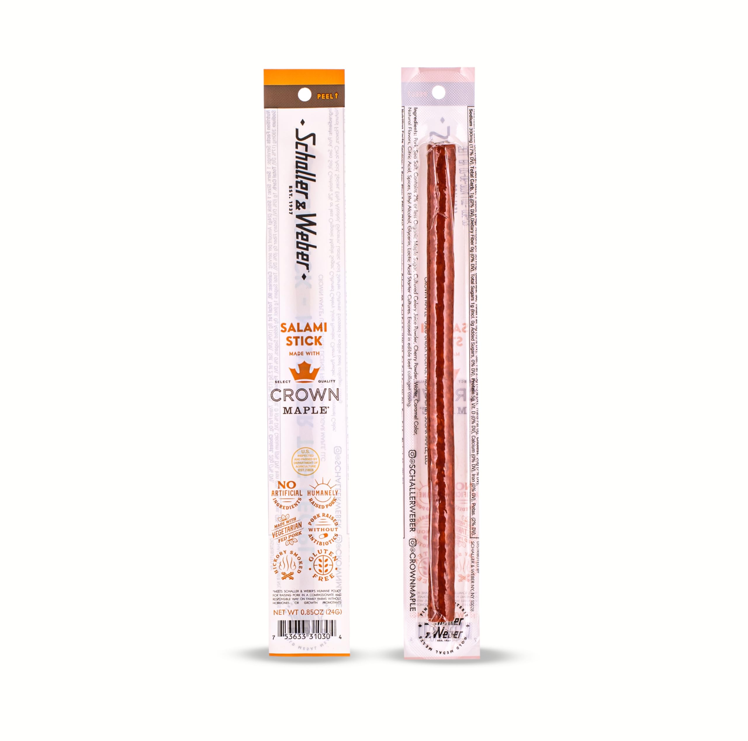 Schaller & WeberCrown Maple Salami Sticks, 0.85 Oz (Pack of 6) | Smoked Salami with Crown Maple Syrup | German Style Smoked Sausage Sticks | Gluten Free Protein Snack