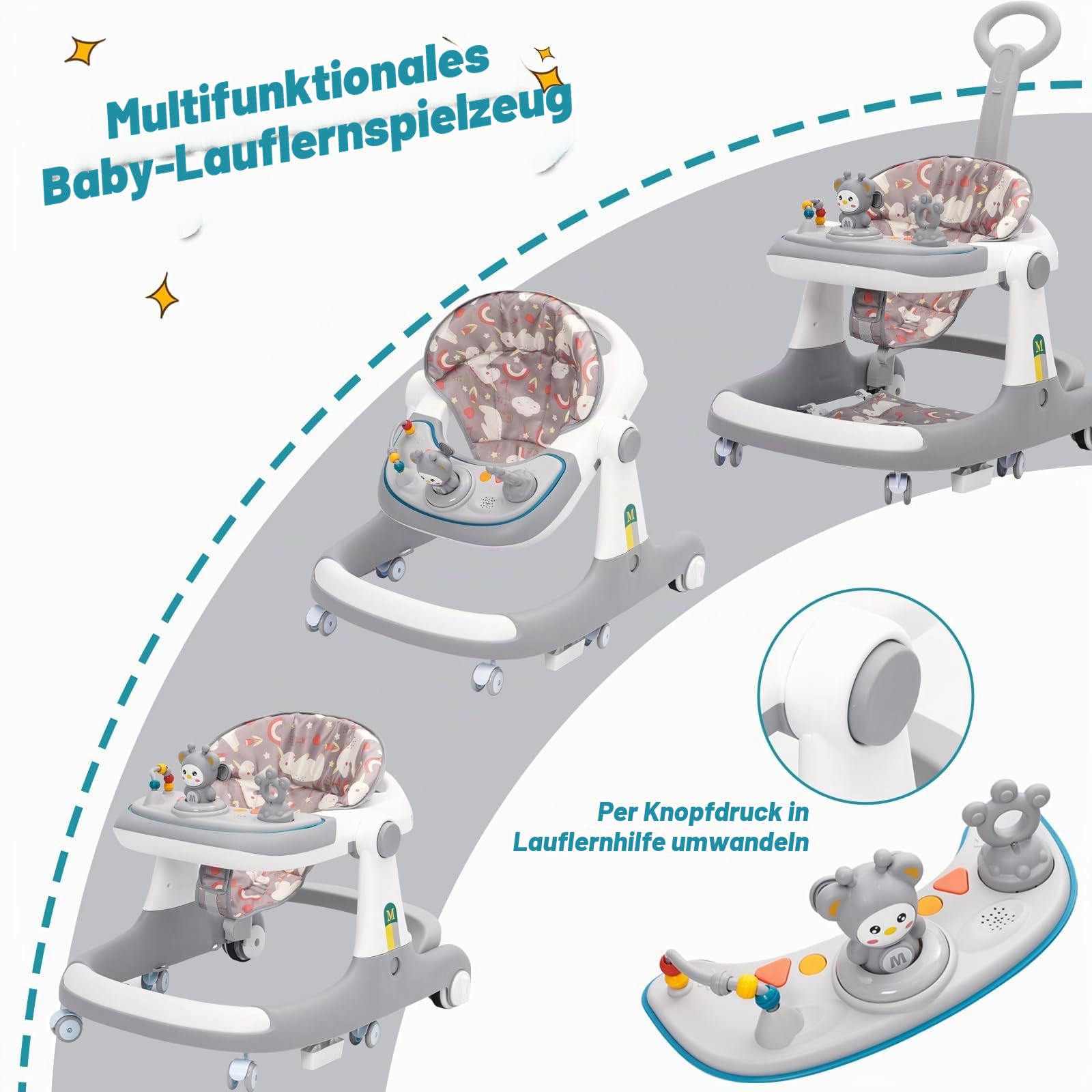 Baby Lauflernhilfe,3-in-1 Lauflernhilfe vom Sitzen zum Stehen, mehrfach abnehmbarer Modus, Unterhaltungs Lern Baby Aktivitätstisch für Babys, Jungen und Mädchen grey