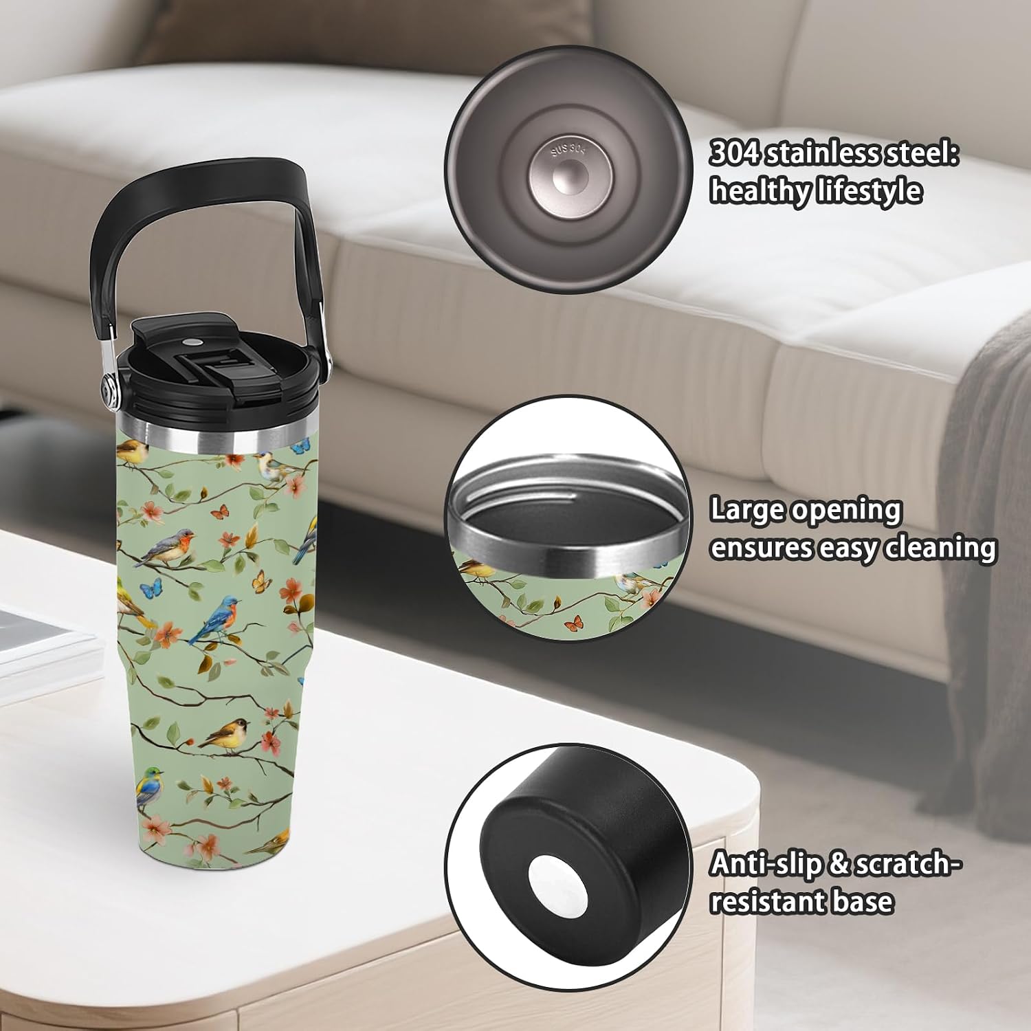 30oz Floral Insulated Tumbler with Straw Lid, Bird Lover Tumbler for Women image 3