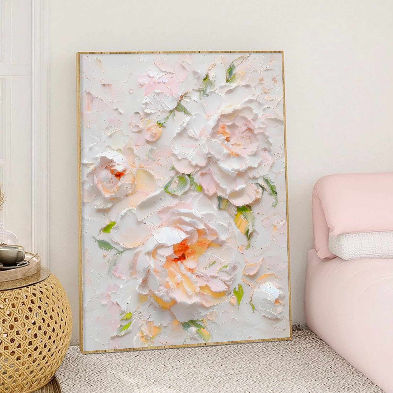 Amazon.com: Pink Peony Florals Wall Art Textured Flower Painting