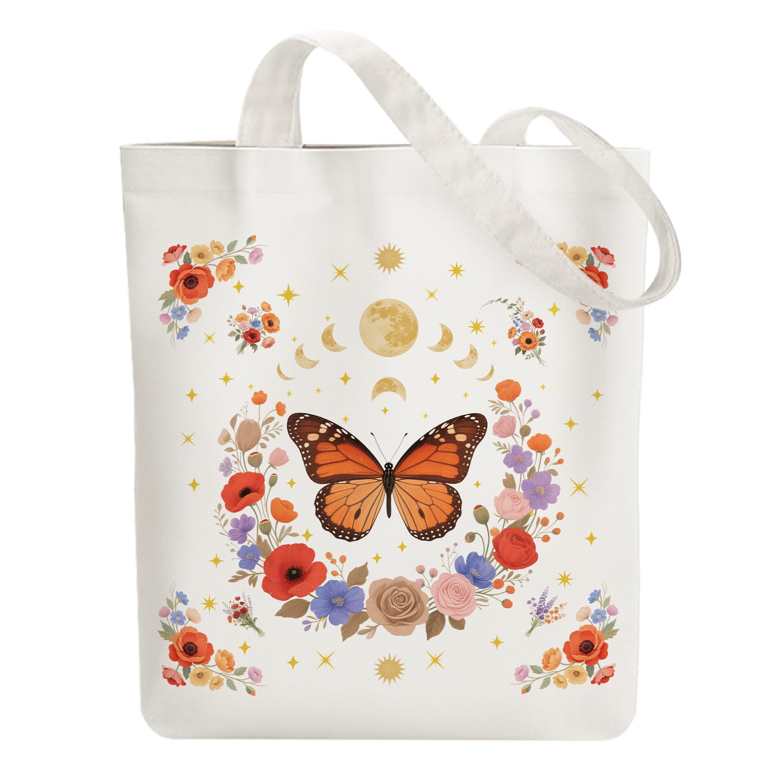 ANATTASOUL Canvas Tote Bag Butterflies and Flowers Reusable Cotton Bag for Women, Durable and Foldable Cloth Shoulder Bags with Zipper Pockets for Shopping, Vacation, Work, Gym