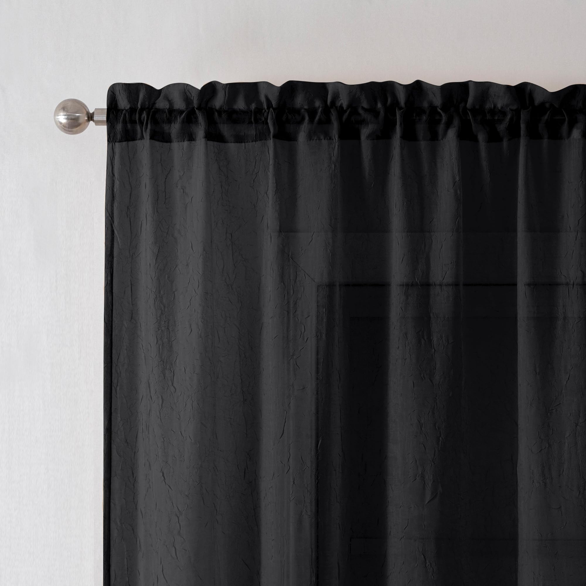 Chyhomenyc Crushed Sheer Black Curtains 84 Inch Length 2 Panels, Light Filtering Solid Crinkle Voile Lightweight Rod Pocket Sheer Curtian for Bedroom