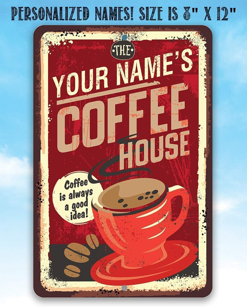 Coffee Sign - Personalized - Coffee House - Tin Metal Coffee Bar Sign - Indoor/Outdoor - Vintage Wall Decor & Coffee Accessories for Coffee Bar, Restaurant, Cafe, Kitchen & Dining Room