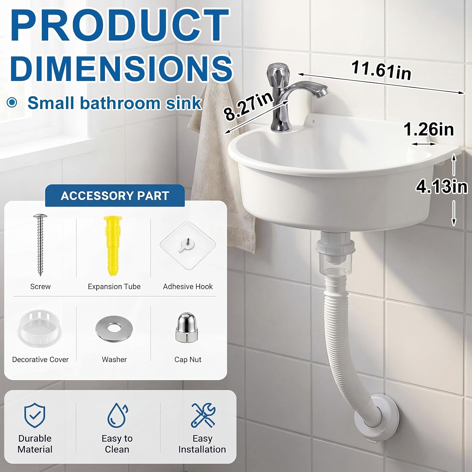 Novabright Small Bathroom Sink, Wall Mount Mini RV Sink, 11.8 x 8 Inch Plastic Wash Basin with No Drill Self Adhesive Installation for Camper Garage Dorm Home Kitchen Utility Hand Washing Station
