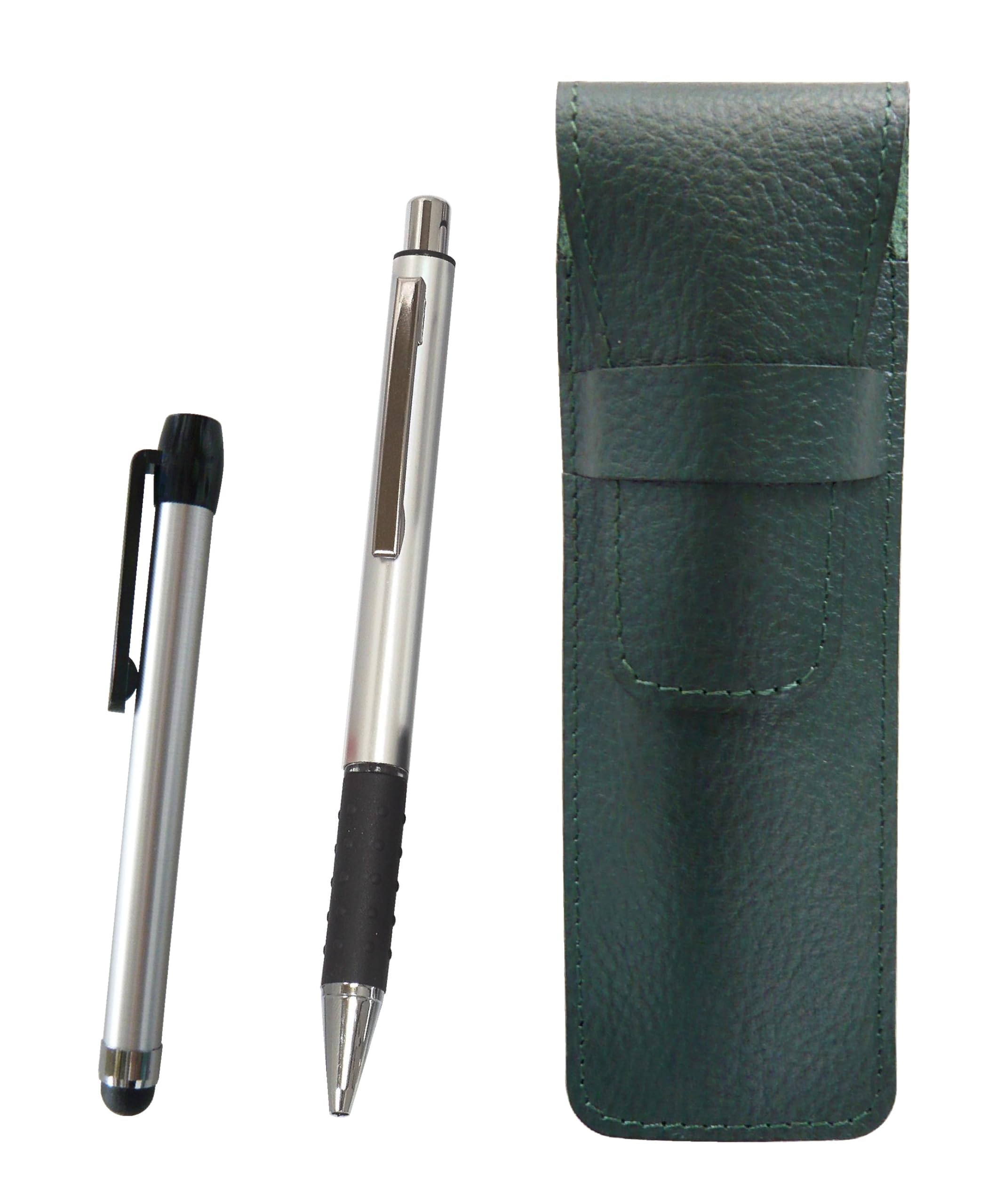 タキザワ SASMG-ALST-WZS2062BP Grain Leather Pencil Case Moss Green Metal Touch Stick Silver and Metal & Pitch Grip Ballpoint Pen Silver
