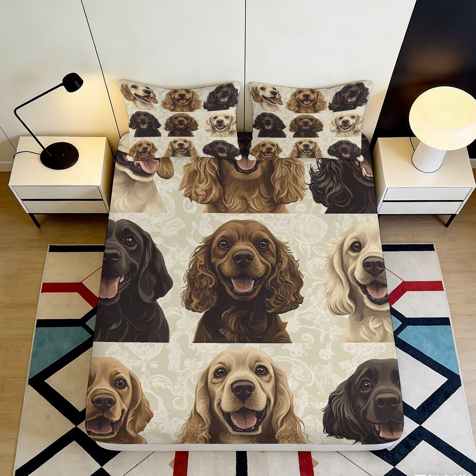 3D Printed Cocker Spaniel Dog Pattern Fitted Sheet Microfiber Non Slip Bed Cover for Bedroom Guest Room Decor 140x200x25cm
