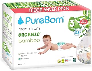 PureBorn Organic Bamboo Baby Disposable Nappies | Hypoallergenic Super Soft Leak Protection Diapers | Nappies | Newborn Essentials Size 3 for 5.5–8kg Babies 112 Pineapple Print