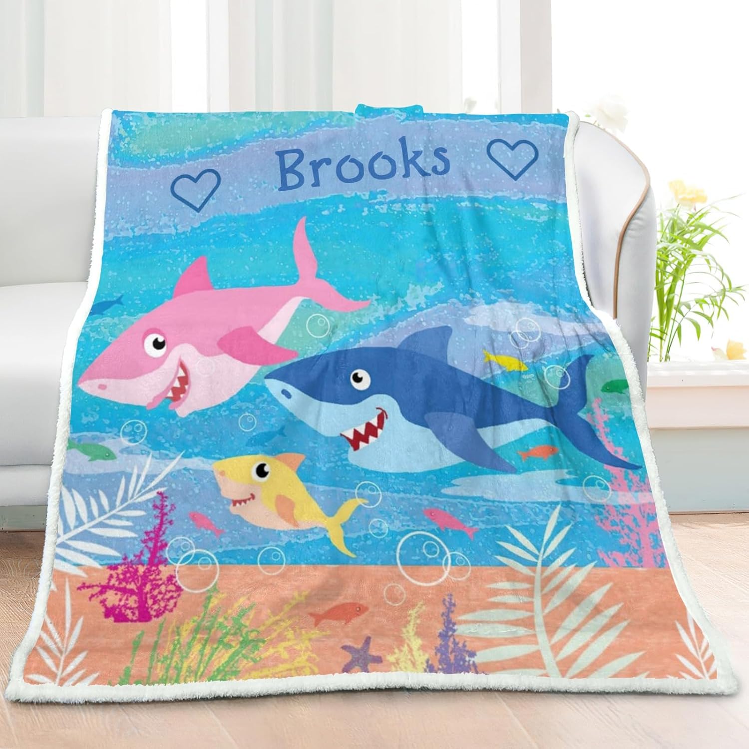 Pink Blue Sea Shark Personalized Sherpa Baby Blankets for Boys Girls,Soft Newborn Naps Custom Name Blanket for Shower Gift 50x60 in, Option10