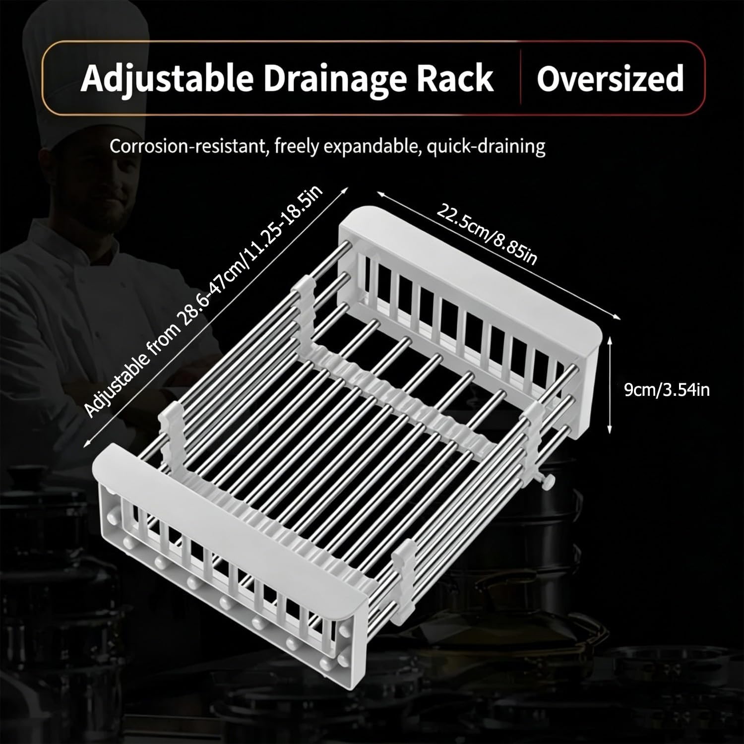 Expandable Sink Dish Drying Rack, Stainless Steel & ABS Sink Colander, Adjustable, Non-Slip, Over The Sink Storage Rack for Kitchen Fruit, Vegetable and Dish Drying (Gray, Large)