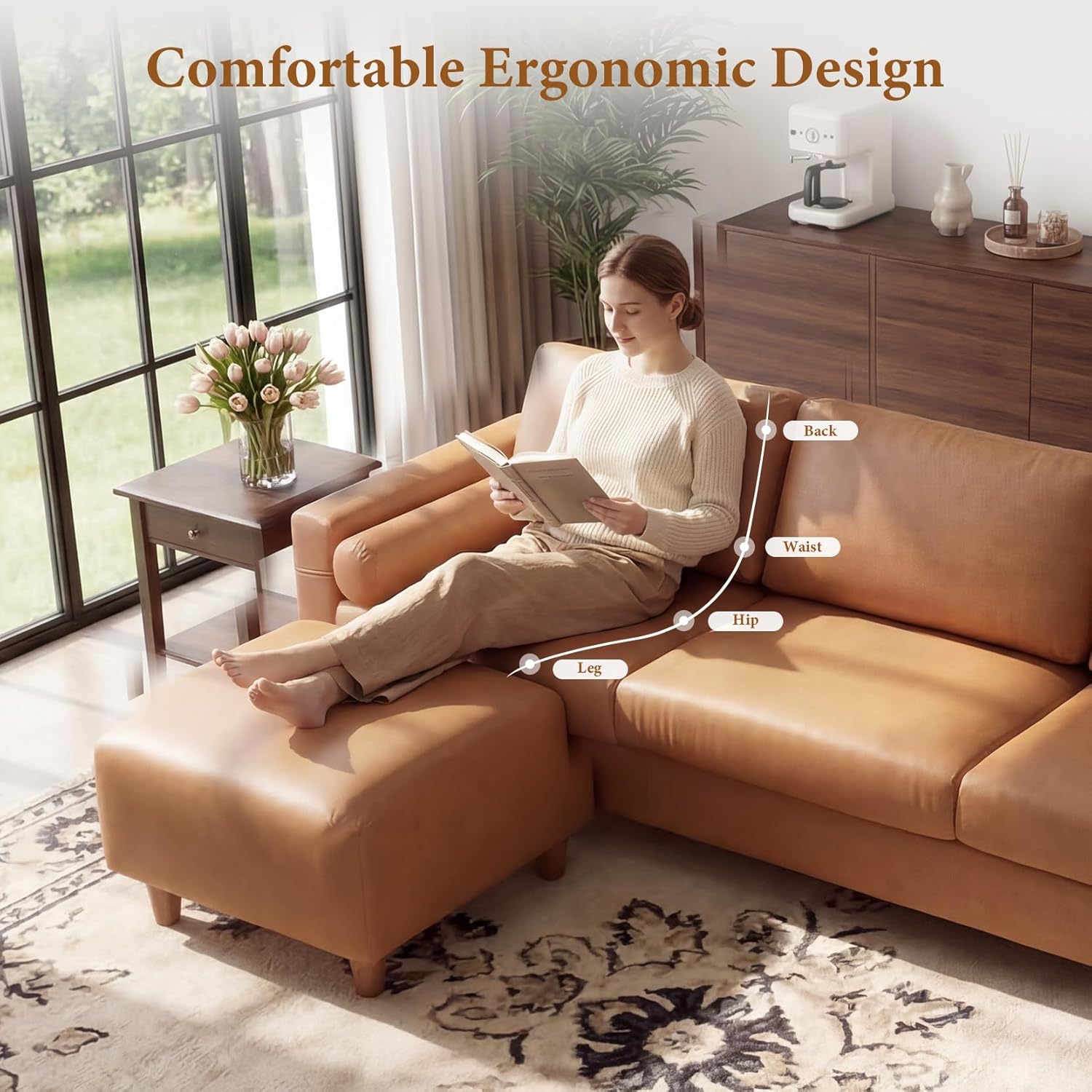 Vesgantti 100" Faux Leather Couch with Movable Ottoman, 3 Seater L Shaped PU Leather Sofa with Side Pocket, Comfy Mid Century Modern Modular Sectional Couch for Living Room, Apartment, Camel