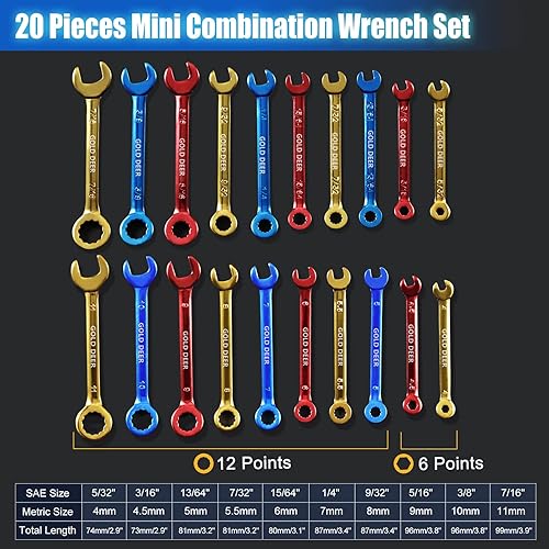 Miniatura 4 de Juego de 20 llaves pequeñas chapadas de color, métricas estándar y SAE de 532"-716" y 0.157-0.433 in, juego de llaves pequeñas extra delgadas de