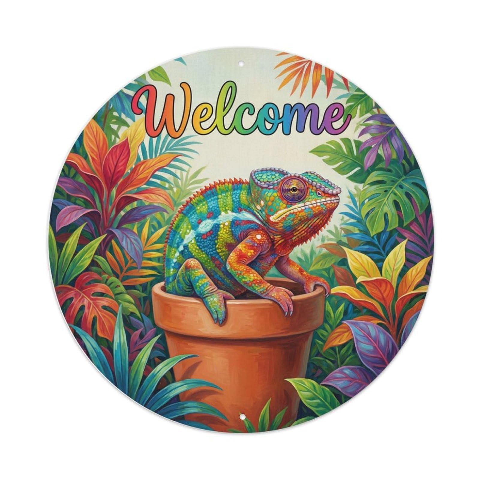 Metal Tin Sign Welcome Chameleon Rainbow Leaf