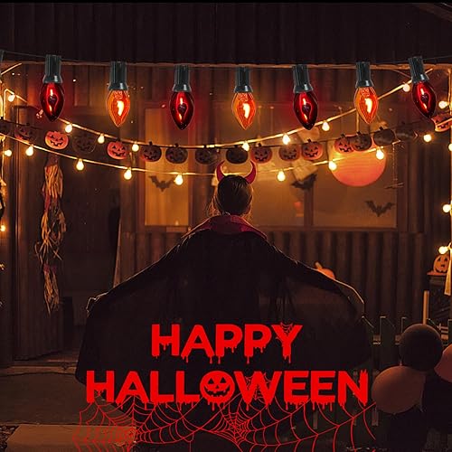 Miniatura 7 de Abeja Luces de Halloween naranjas y moradas, luces de patio al aire libre de 25 pies conectables, tira de luces de llama parpadeante para decoración