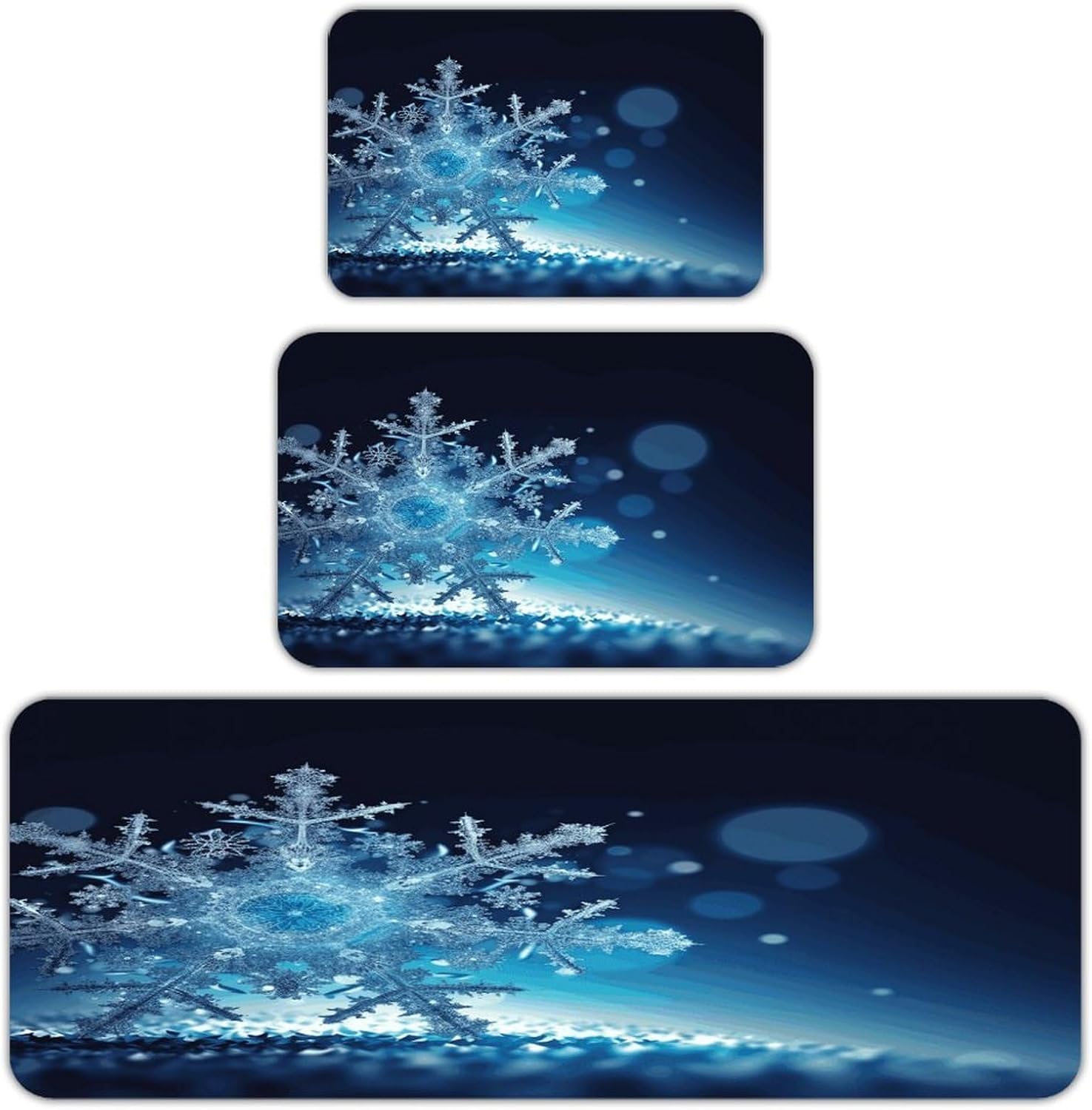 Blue Christmas Snowflake Kitchen Mats Soft Absorbent Rugs for Floor Non Slip Washable Kitchen Mats Fashion Rectangular Rugs for Three-Piece Set for Laundry Office Home Sink