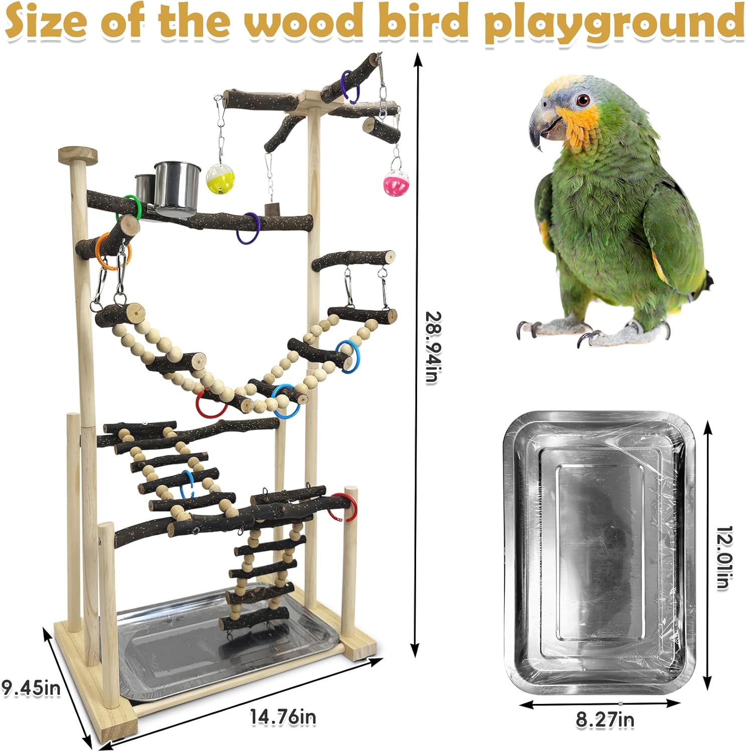 kathson Large Bird Playground - Natural Wood Perch Gym 4 Layers Parrot Playstand Activity Center with Perches Ladder Chew Toys Removable Tray and 2 Stainless Steel Cups for Small and Middle Birds