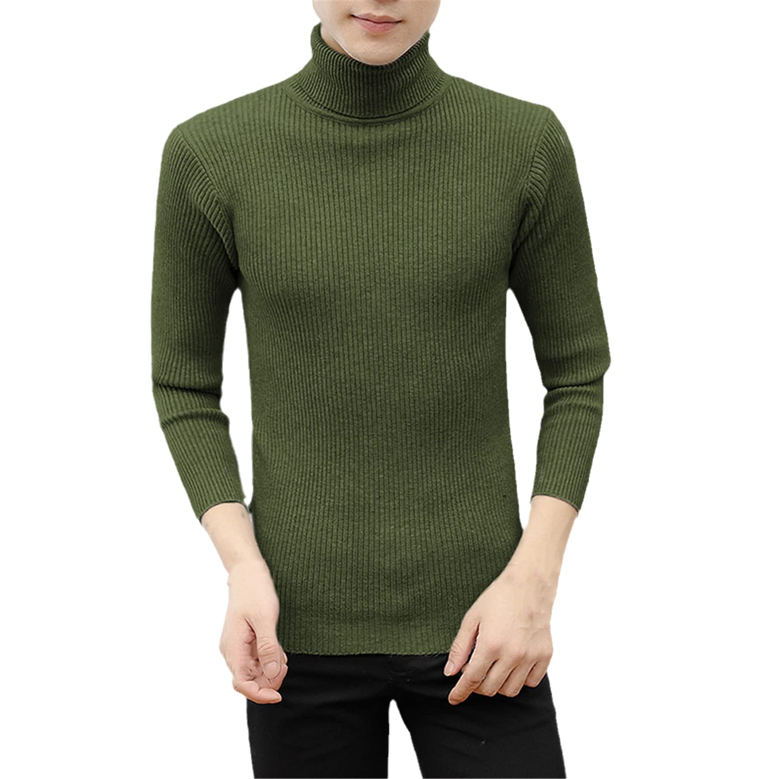 Vogrtcc Męski wąski jednolity kolor golf sweter zimowy długi rękaw ciepły dzianinowy sweter dół koszula, Army Green1, XXL