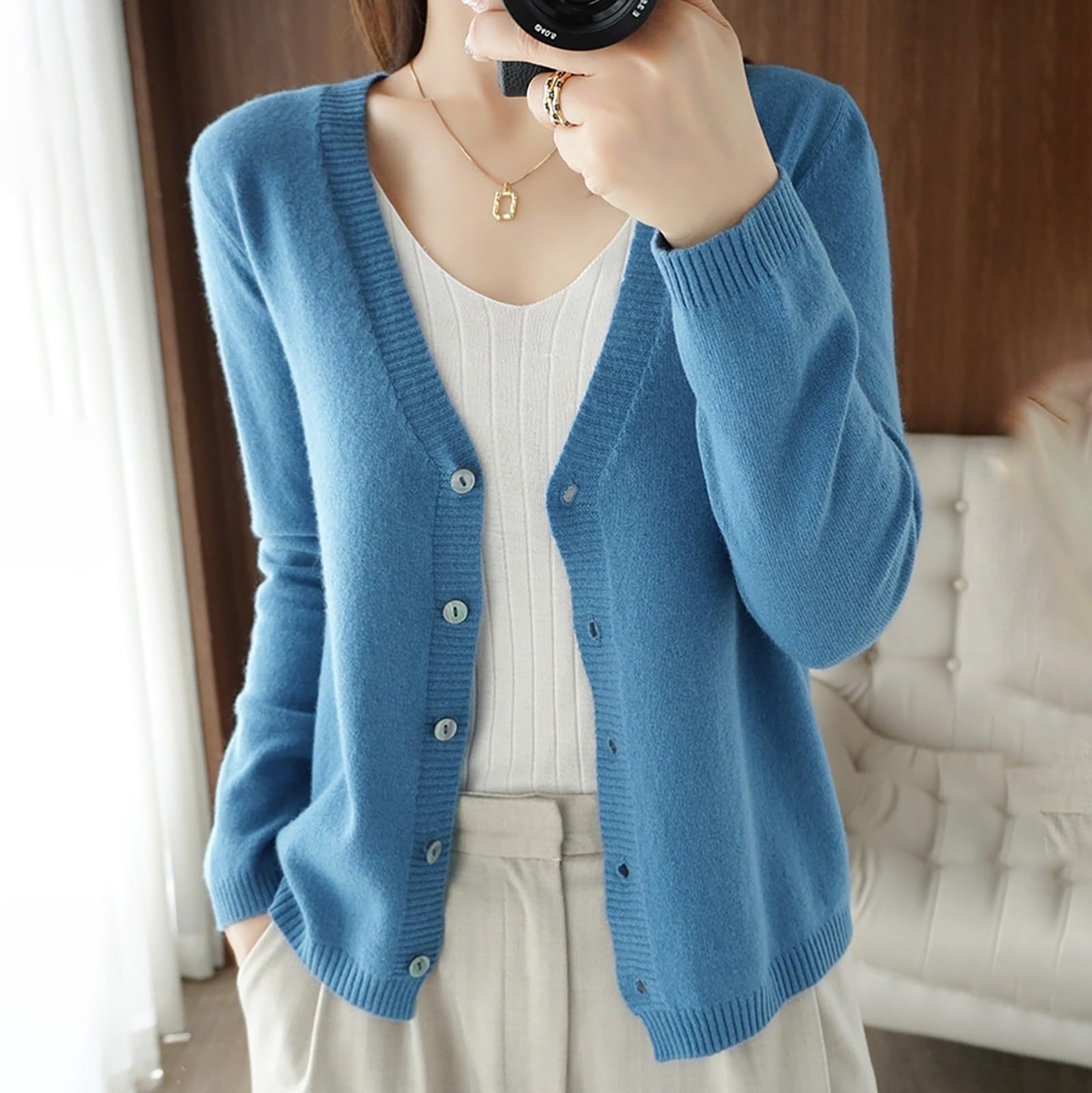 Générique Cardigan tricoté à Manches Longues et col en V pour Femme, Manteau Doux, Ample, Couleur Unie, Loisirs, Printemps et Automne Gilets Gonflés pour Femmes