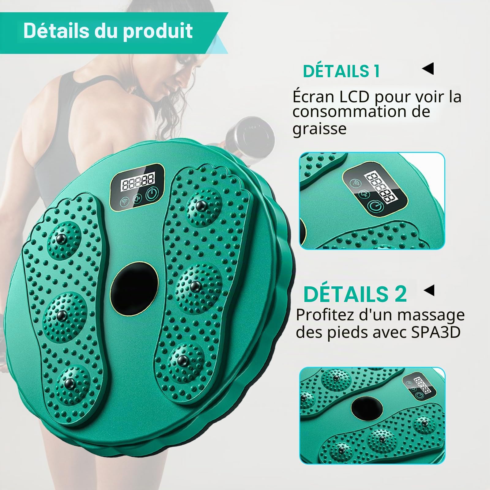 Tour de taille avec compteur - Disque rotatif de taille avec plante des pieds - Antidérapant - Entraînement aérobique - Pour massage des pieds et de la taille - Charge maximale : 300 kg - Vert