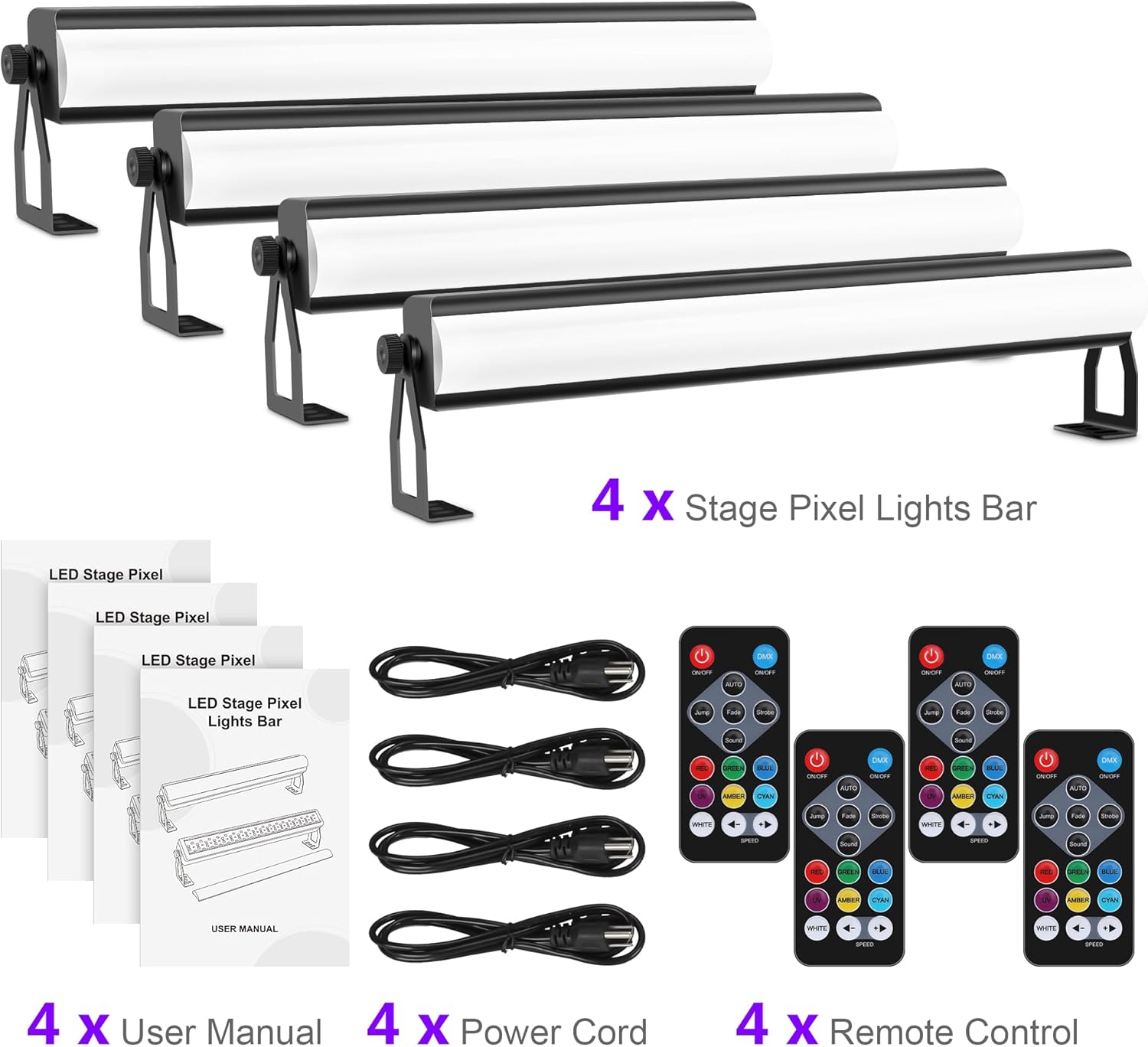 LED Stage Pixel Light Bar, 4Pack 40W 108LEDs RGB Wash Light Bar, DJ Lights Bars with Detachable Cover Sound Activated DMX Control for Event Stage Club Church Party Wedding Concert Dance