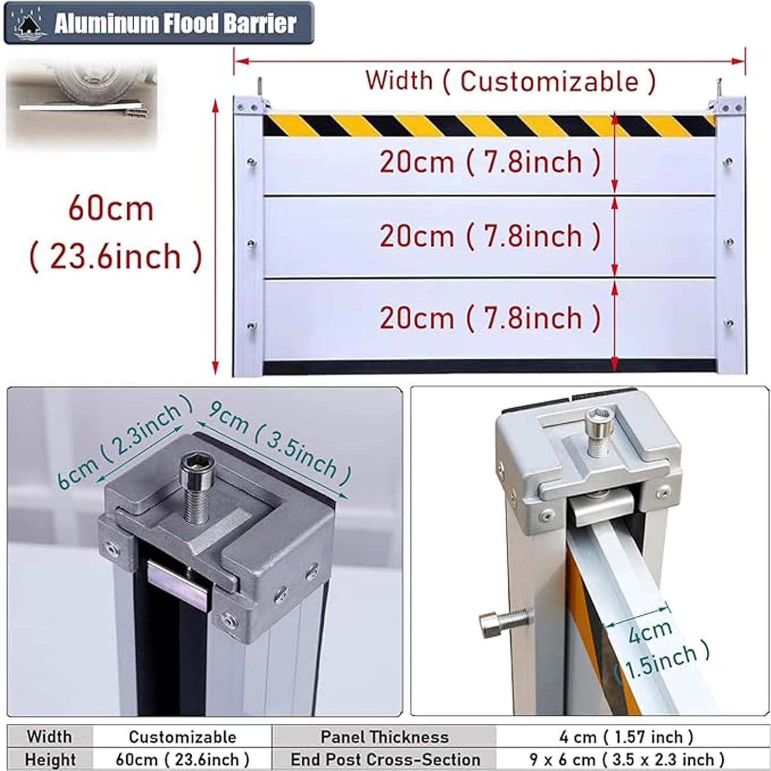 Flood Control Barrier Aluminum Baffle, Home Water Protection Barriers for Basement/Entryway Doors/Commercial Use, with Reflective Strip&Rubber Seal Strip, Easy Installation