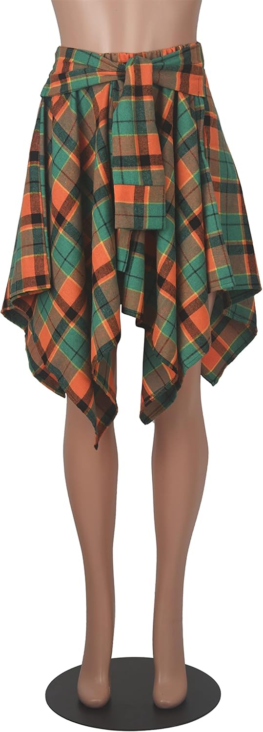 Women's Plaid Skirts High Waisted Knot Front Asymmetrical Hem Mini Skater Skirt