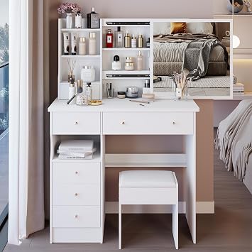 Bedroom Makeup Set with Cushioned Stool, White Vanity Desk with Sliding Mirror, 36.3" Large Makeup Vanity & Chair, Dresser Table with 5 Drawers and Open Storage Shelves, 36.3inch