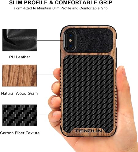 Miniatura 3 de TENDLIN Compatible con iPhone Xs CaseiPhone X Funda de grano de madera con textura de fibra de carbono, funda híbrida delgada compatible con iPhone