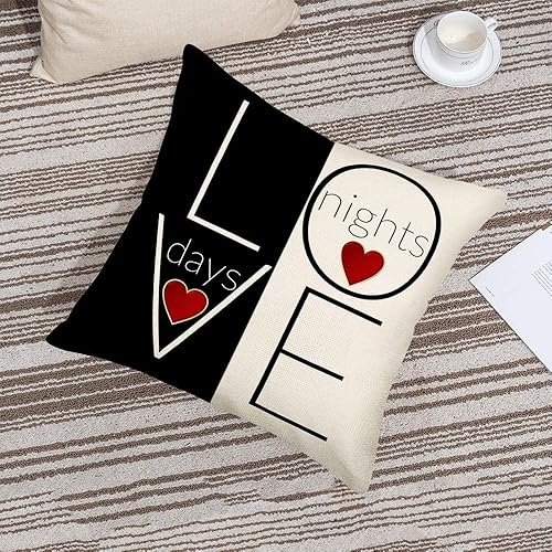 Miniatura 3 de Easternproject Funda de almohada para el día de San Valentín color negro blanco días y noches corazón rojo 18 x 18 pulgadas funda de cojín de lino y