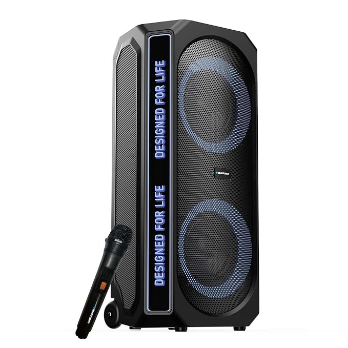 Blaupunkt New Launch Rock & Roll Ibiza 180W RMS Party Speaker with Dual 8” Woofers, Recording Button, Animated Text Display, Bass Boost Button, Wireless UHF Mic, Echo Reverb Control & Portable Wheels