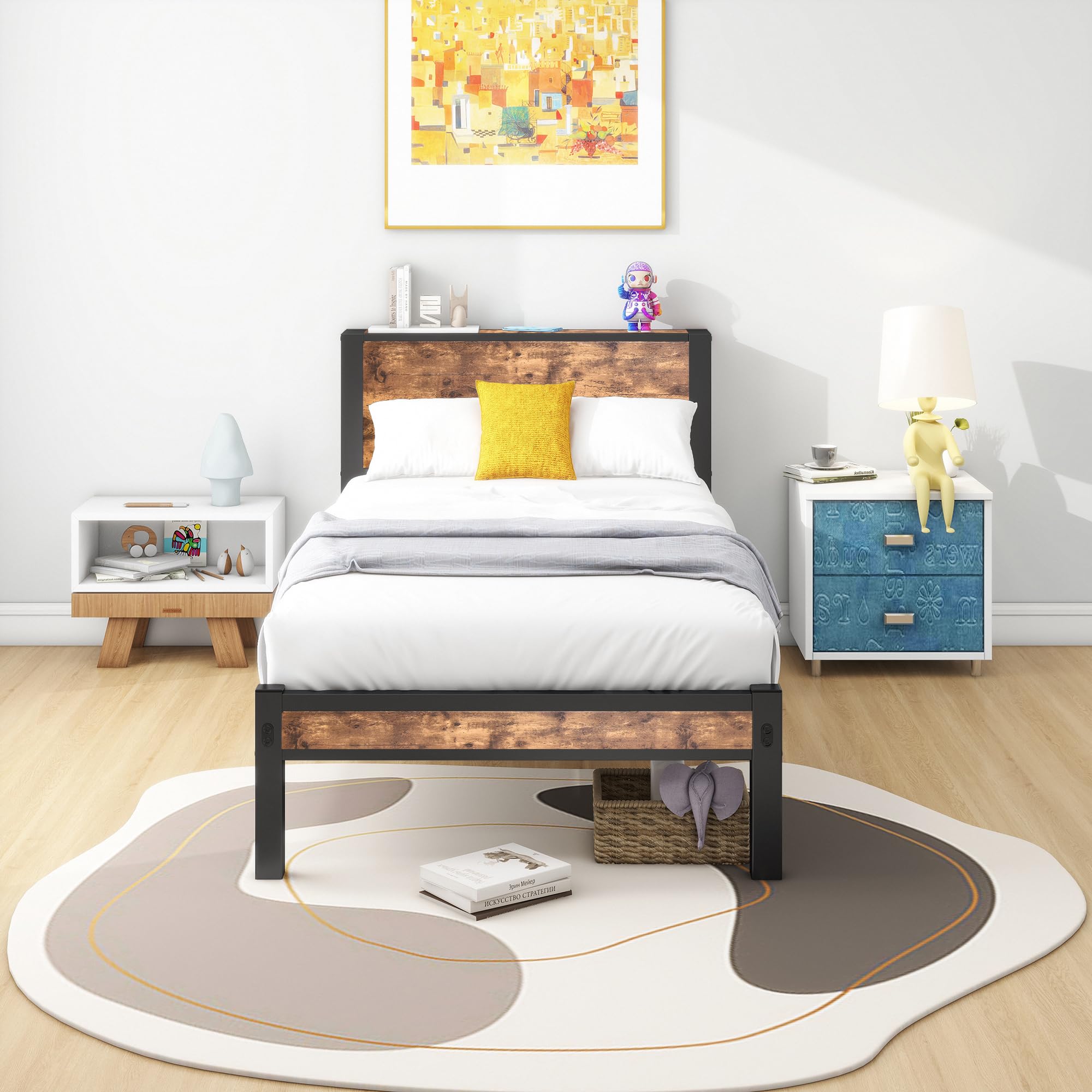 HOMERECOMMEND Bett 90x200 Bettgestell Bettkopf mit Ablagefläce,Lattenrost Metall,Gästebett für kleine Räume, Schwarz