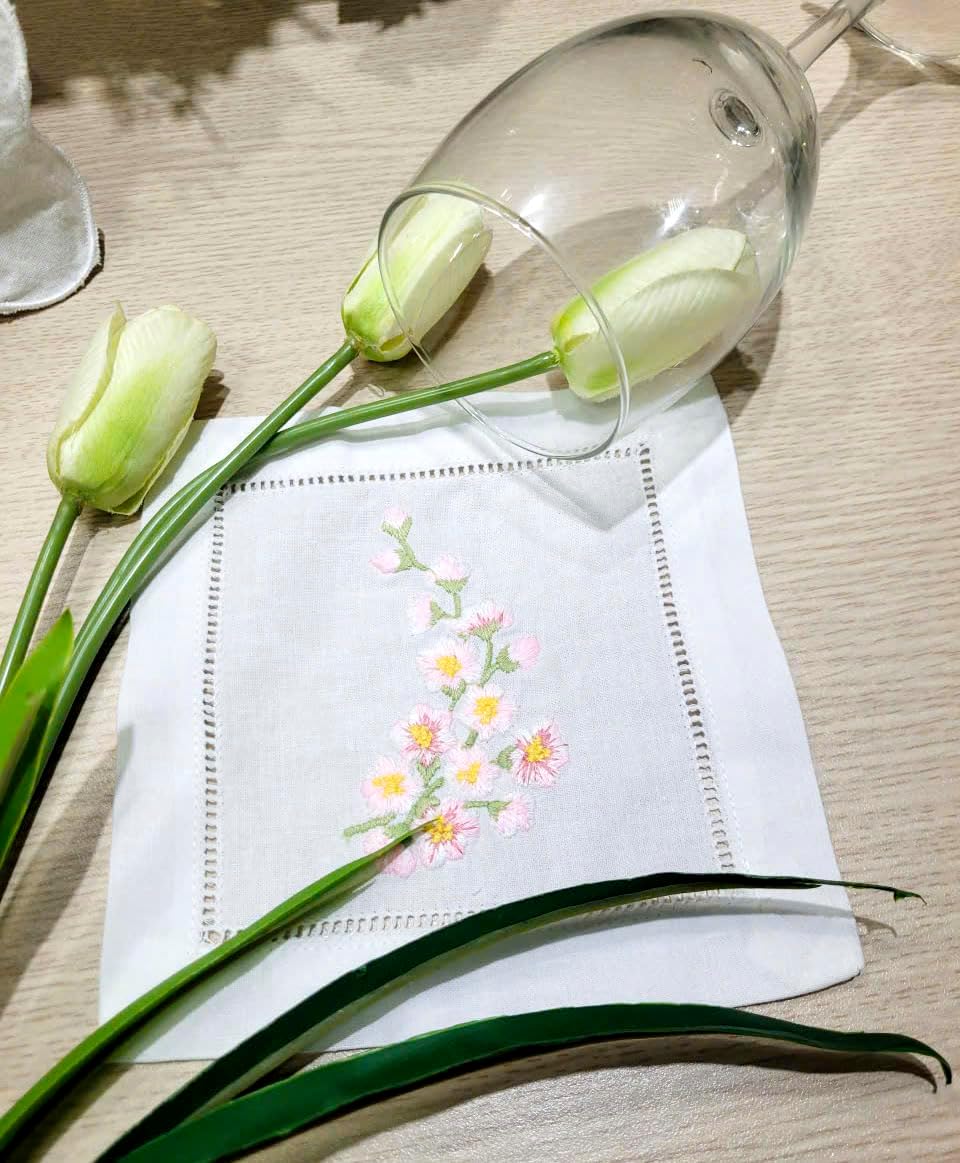 Embroidered Peach Blossom Cotton Cocktail Napkins, Set of 6, 6x6 Hemstitch Coasters, Machine Washable, Elegant for Dining Room, Daily Use, Holidays, Parties, Gift Ideas image 5