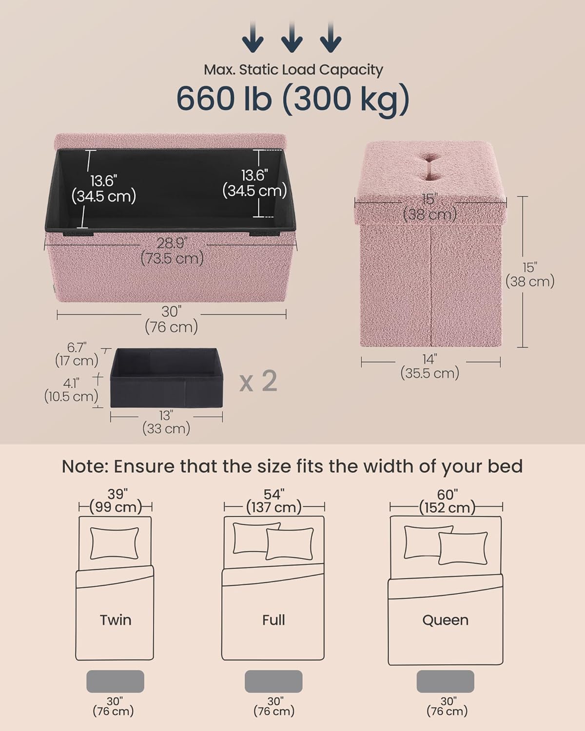 SONGMICS Storage Ottoman Bench, Storage Chest, 15 x 30 x 15 Inches, Foot Rest Stool, End of Bed Bench, Load up to 660 lb, for Living Room, Bedroom, Entryway, Jelly Pink ULSF096R01