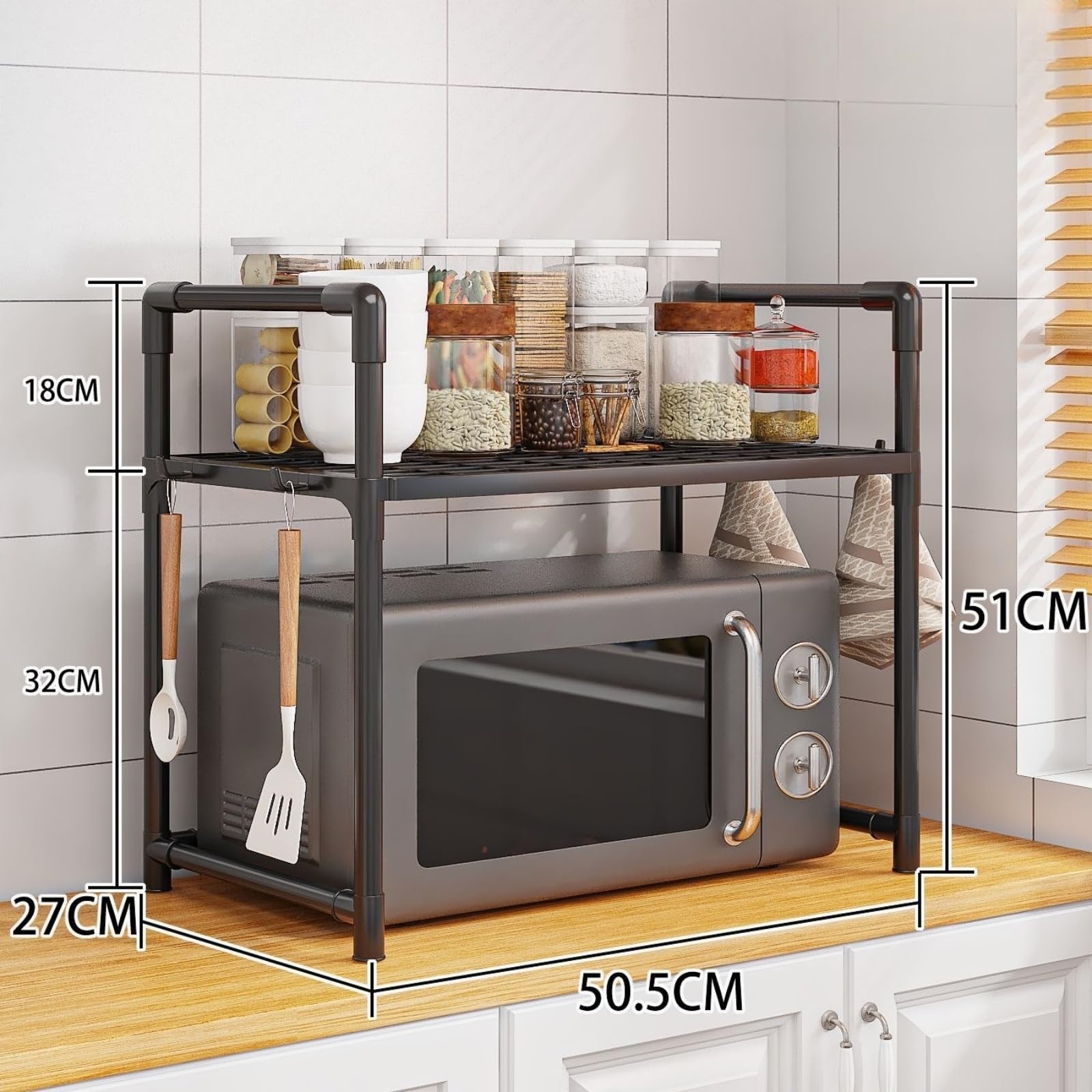 Allungabile Mensola Microonde,Salvaspazio Supporto Per Forno A Microonde,griglia Per Forno,Scaffale Cucina Con Ganci,Mensola Cucina Per Mettere Piatti E Ciotole (Nero)