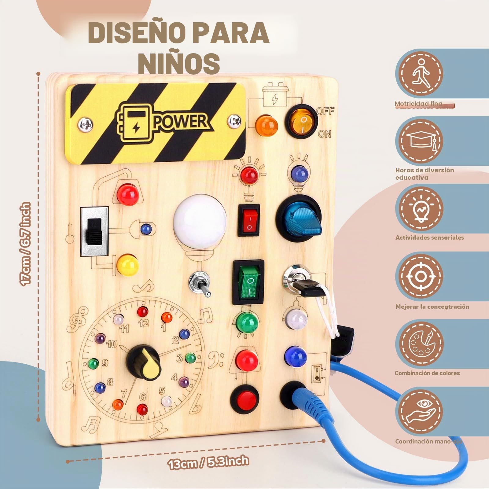 Busy Board Montessori Juguete a partir de 1 año de madera juguete de actividad motora sensorial juguete educativo con 10 interruptores y 23 luces LED para niños pequeños regalo para niños niñas 1 2 3
