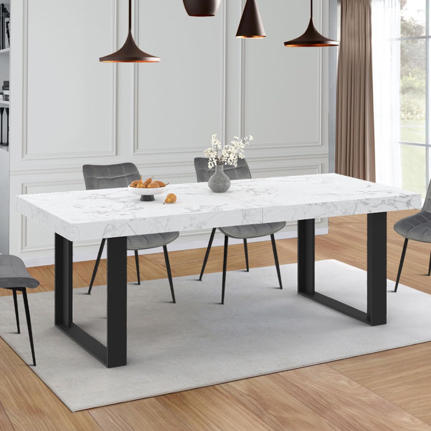 IDMarket – Mesa de comedor extensible Phoenix rectangular 6-12 personas bandeja efecto mármol blanco Alaska 200-300 cm