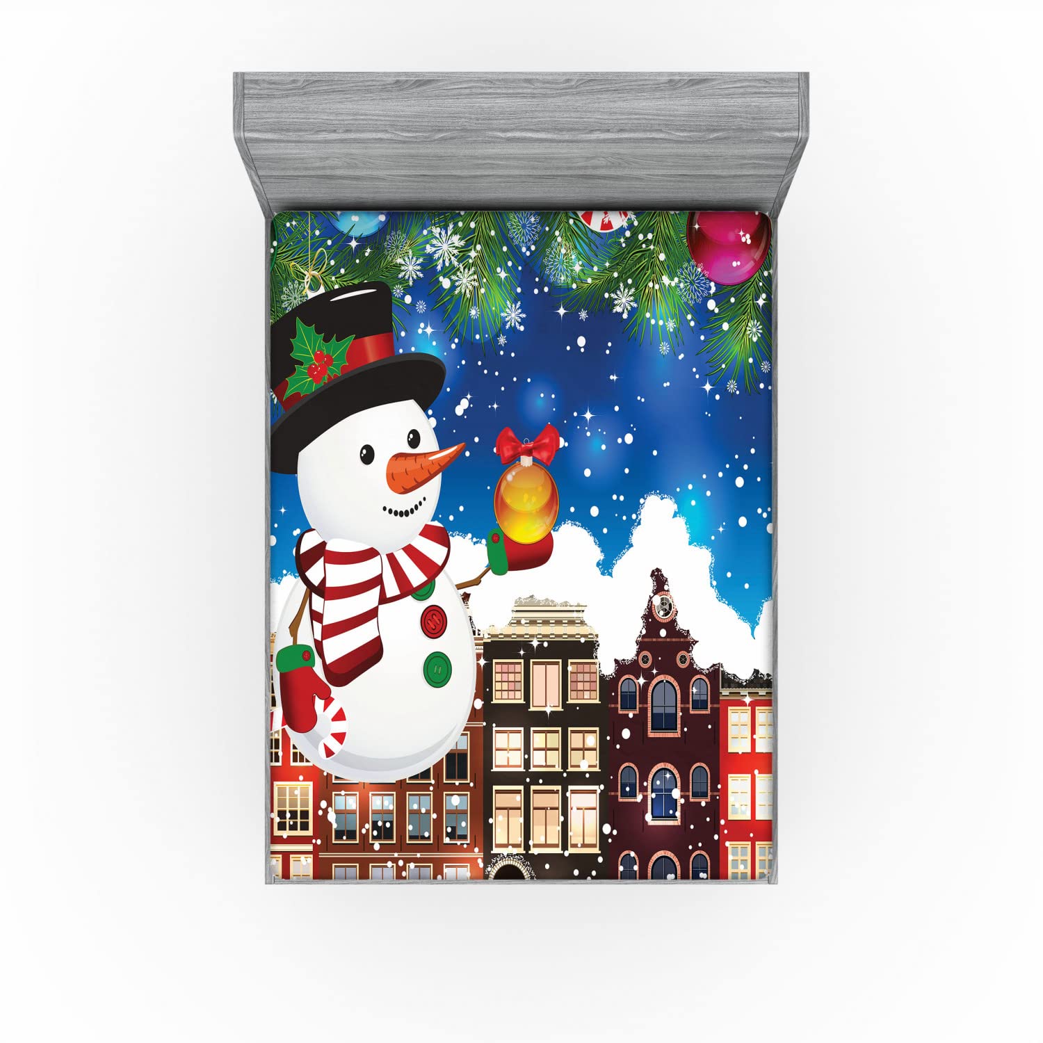 Ambesonne Christmas 2 Pack Fitted Sheet, Snowy City Street, Bed Cover All-Round Elastic Deep Pockets 2 Pieces, Package Contains 2 Full Size Fitted Sheets, Blue Brown