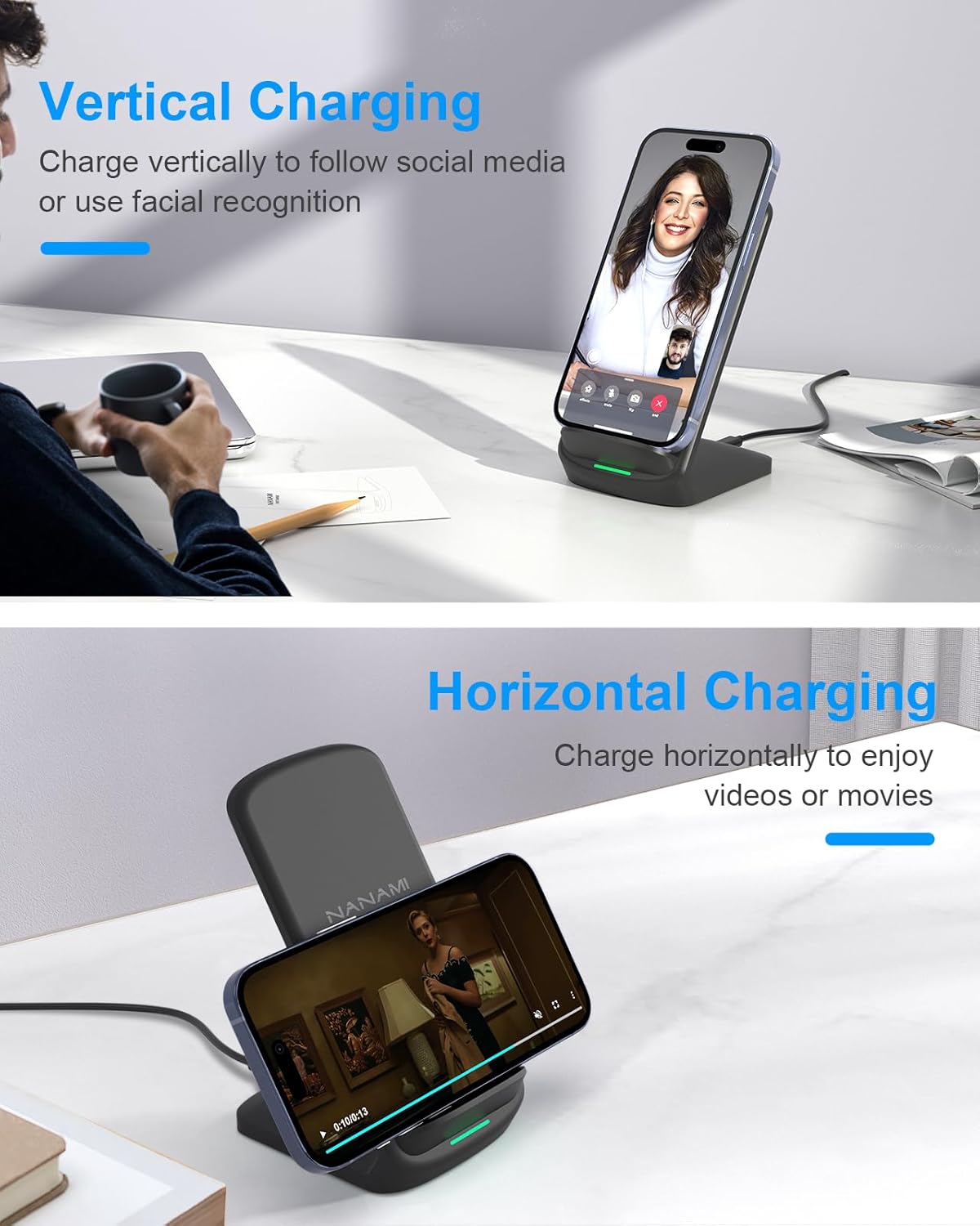 Wireless Charger Pad,NANAMI Fast Wireless Charging Stand & Charging Pad Set, Compatible with iPhone 15/14/13/12/Pro Max/Mini/11/AirPods Pro, for Samsung Galaxy S24/S23/S22/S21/S20/Note 20