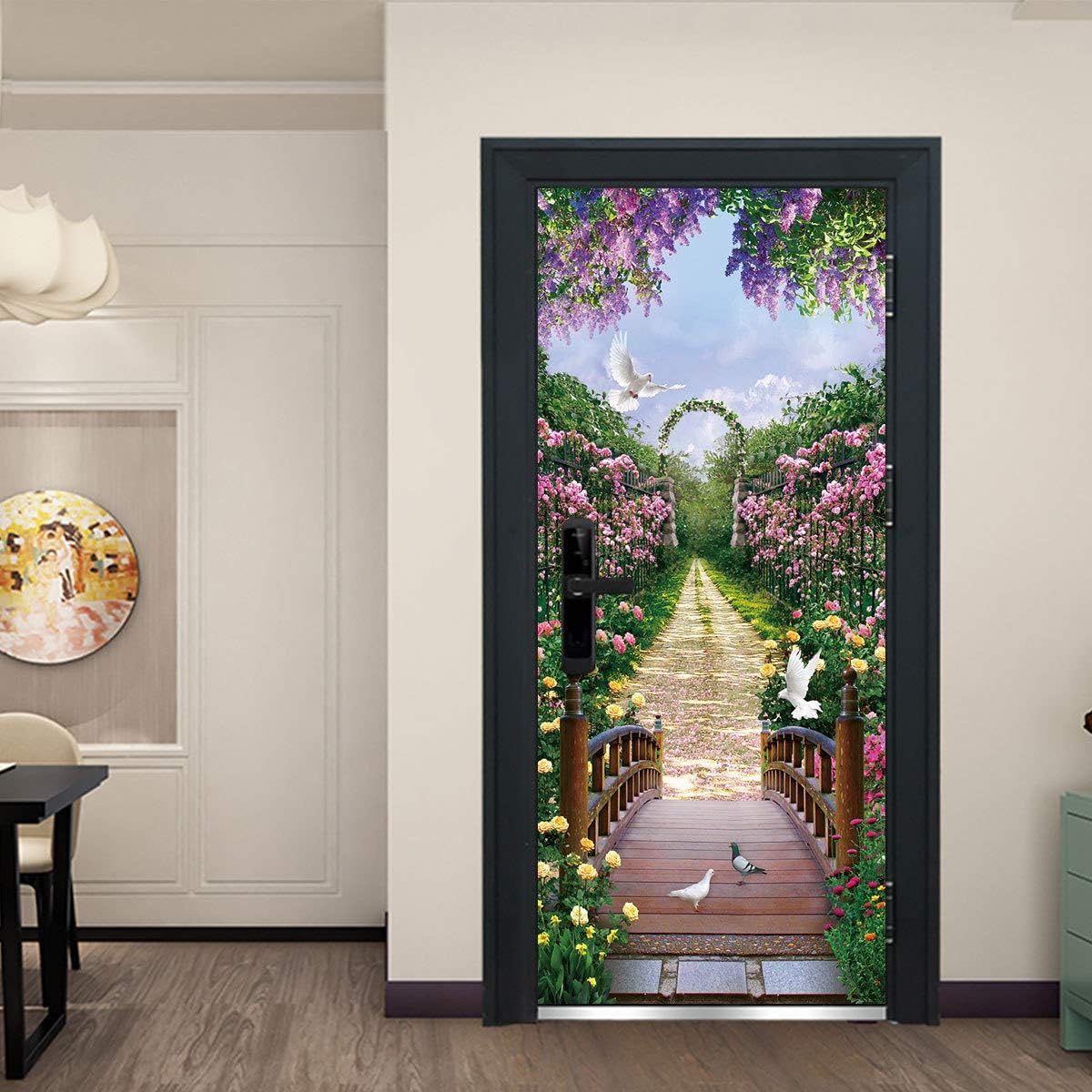 3D Garden Flowers Self-Adhesive Door Wallpaper Murals Wall Stickers Peel and Stick Door Poster for Home Decoration Vinyl Removable Art Decal 30.3" x78.7