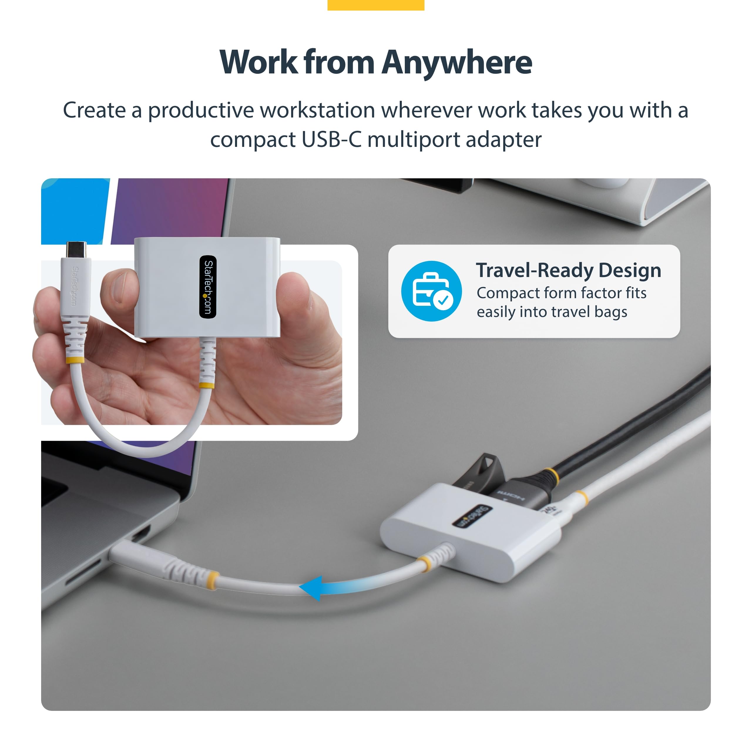 StarTech Wieloportowy adapter USB C na HDMI 3 w 1 z ładowaniem PD 140 W, HDMI 4K 60 Hz, koncentrator USB 5 Gb/s, Power Delivery 3.2, mini stacja dokująca do MacBooka, Della, Thinkpada, HP/iPada