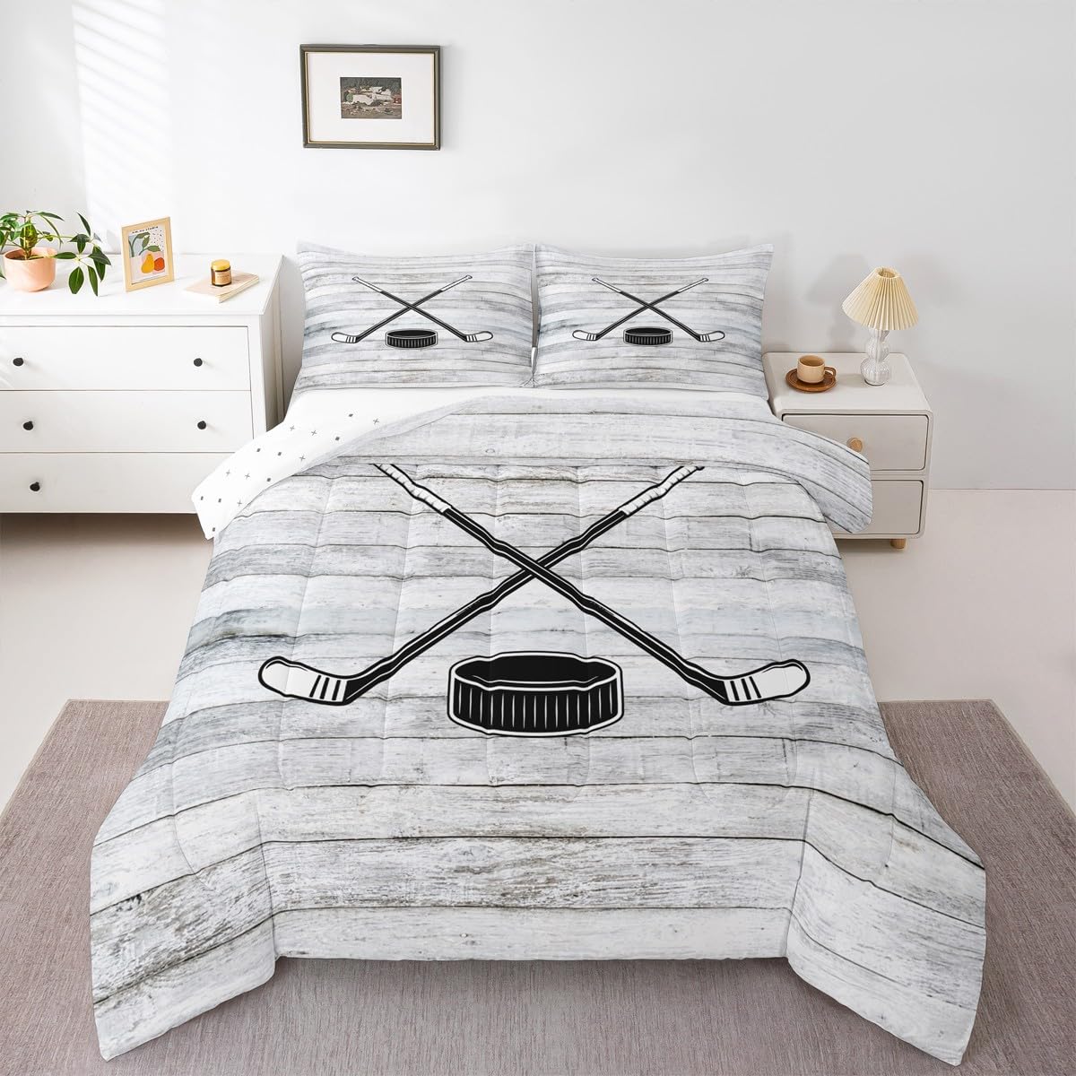 Juego de edredón de hockey para niños y niñas con estampado decorativo de deportes de invierno