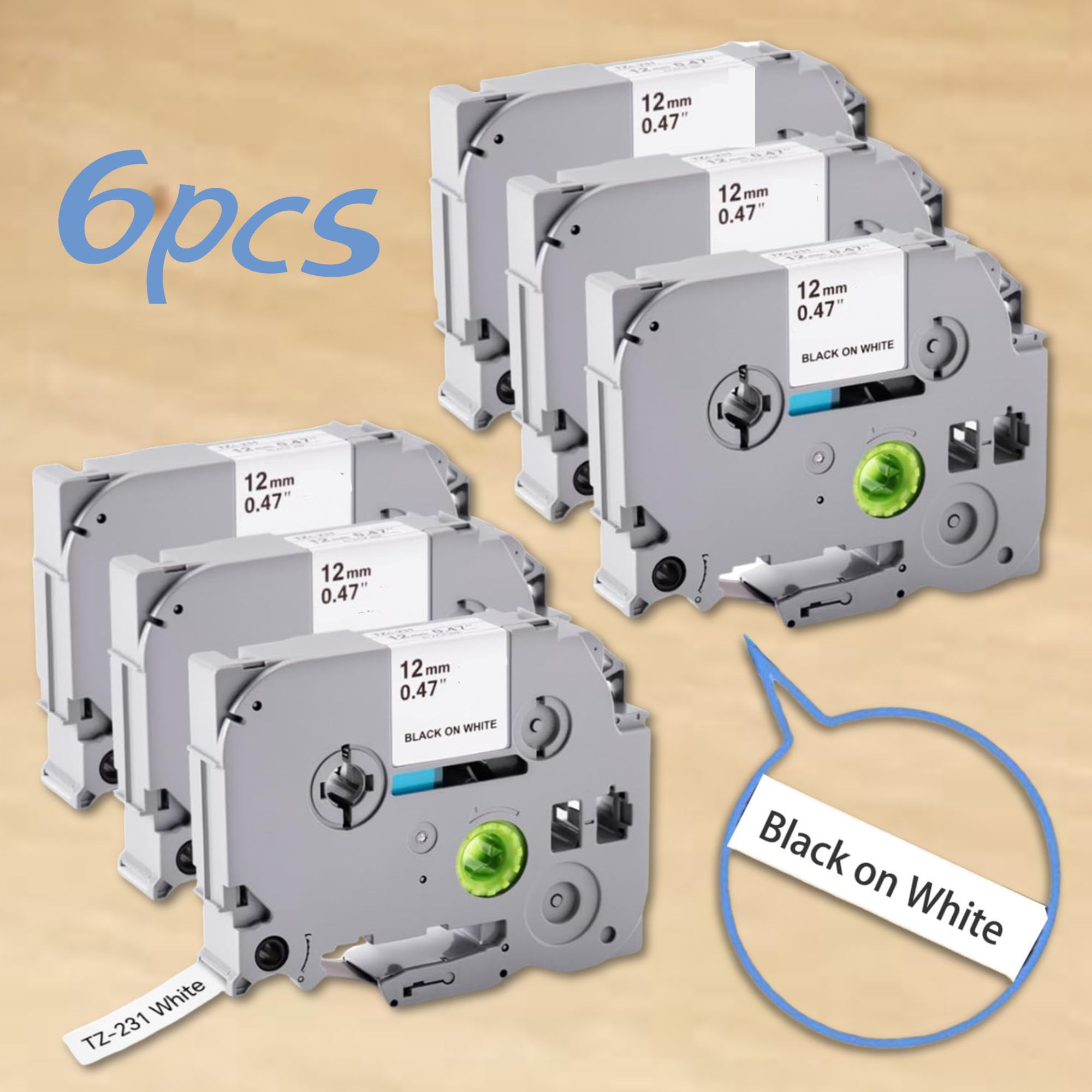 FGXY 6pcs Label Printer Tape, Label Printer Tool,Label Printer Paper, Label Machine Ribbon, Labeller Tape, Labeller Machine with Labels, Suitable for Brother Series Label Printers(Black On White)