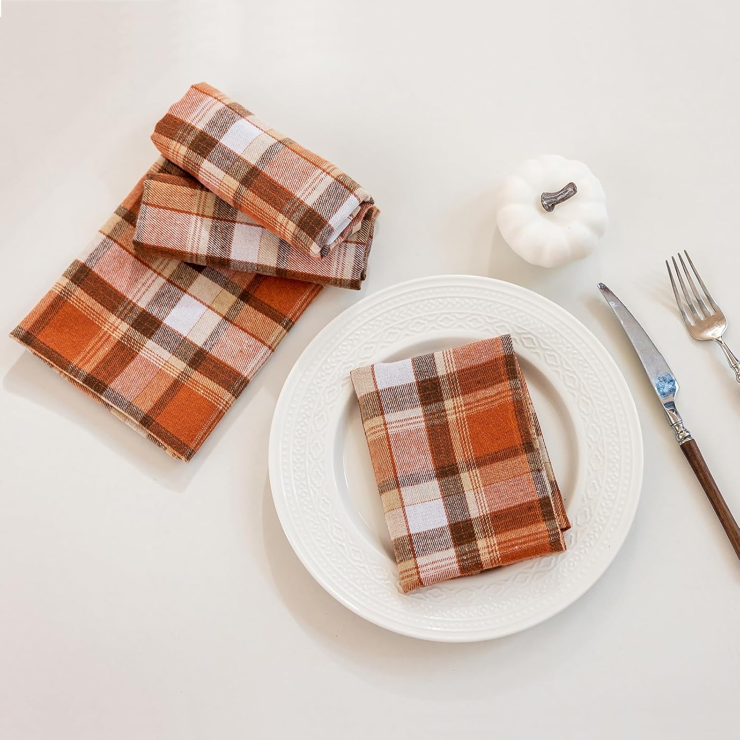 Joyfol Day 4-Pack Rust Tartan Cloth Napkins - 17x17 Inch Fall & Thanksgiving Plaid Dinner Napkins, Washable for Halloween Table Decor (Set of 4)