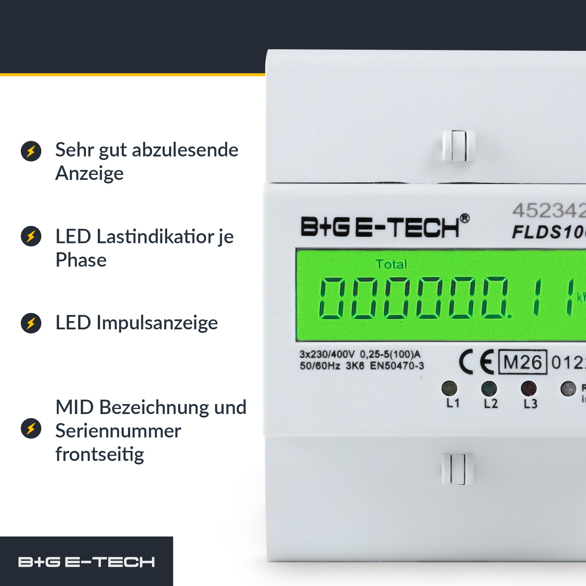 3 Phasen Drehstromzähler [FLDS100 - MID 26] - Stromzähler für TS35 Hutschiene, MID geeicht, digitaler LCD Drehstromzähler mit S0, 100A, 400V