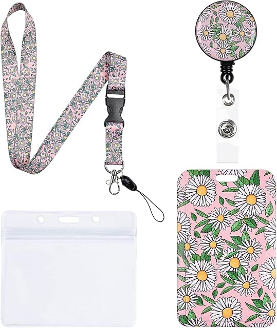 BBLIKE ID Badge Holder,Lanyard-Fashionable ID Card Holders with Badge Reels Retractable,Daisy Badge Holder, Card Slot, Badge Lanyard with 27",for ID Card Keys Tickets,Office School Supplies(Pink)